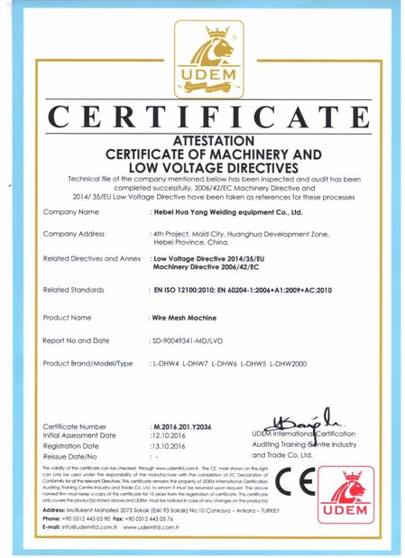 Cina Hebei Huayang Welding Mesh Machine Co., Ltd. Sertifikasi